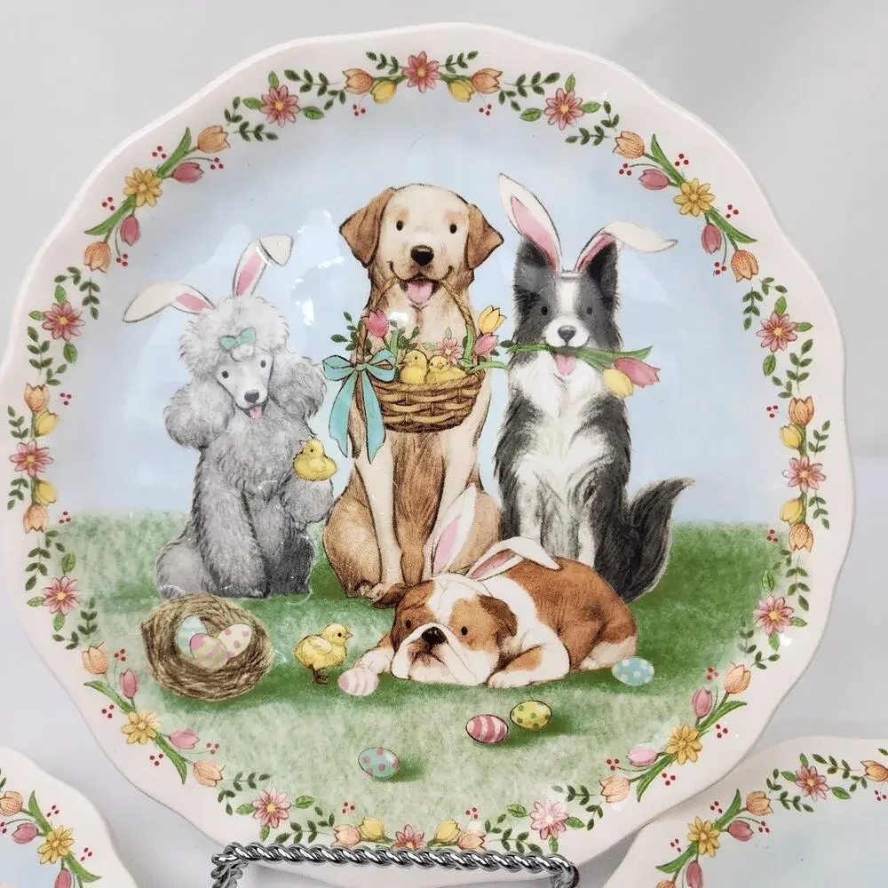 Pier 1 Imports Ironstone Set of 4 Easter Parade Bunny Ear Dogs Plate 8.7